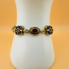 Vintage Victorian Revival Bracelet Red Rhinestone Gold Tone Faux Seed Pearl 6.2″