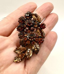 Vintage Signed Triad Brown Amber Rhinestone Floral Spray Brooch Pin Japanned