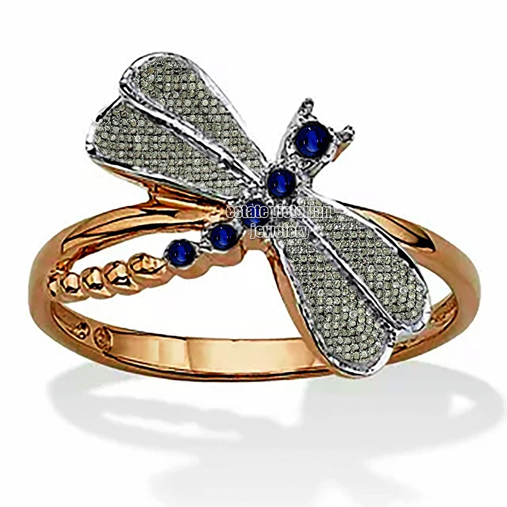 2.90ctw Rose Cut Diamond Sapphire Silver Vintage Stunning Dragonfly Ring Jewelry