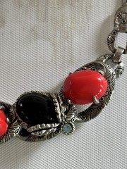 Vintage Unsigned Selro Style Red Black Glass Cabochon Statement Necklace MCM