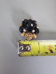 VTG Black Faceted Bead Gold Filigree Tassel Pendant Necklace Clip Earring Set