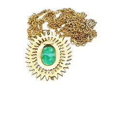 Vintage Gold-Tone Sunburst Pendant Necklace with Green Marbled Cabochon &…