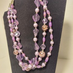 VTG Lavender Purple Crystal Faux Pearl Bead Necklace 15” Long 3 Strand