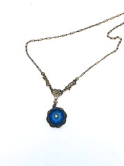 Art Nouveau Art Deco Sterling Silver Cobalt Glass Rhinestone Filigree Necklace