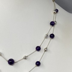 Amethyst Stone Beaded Necklace Silver Tone Chain Beads Double Strand Station 18″