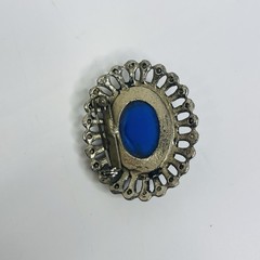 Vintage Silver Tone Blue Cabochon Oval Brooch Openwork Beaded Frame 45mm Folk