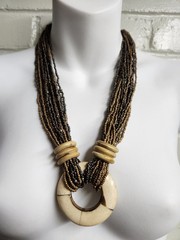 VTG 80’s Multi-Strand Bronze Gunmetal Silver Beaded Horn Ring Pendant Necklace