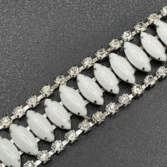 Mid-Century White Milk Glass & Rhinestone Bracelet, Silver-Tone, 1950s
