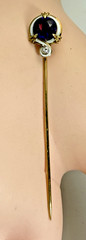 Antique 14K Enamel Art Deco Round Faceted Amethyst Diamond Stick Pin