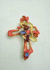 Vintage Christian Lacroix Cross Pendant Brooch Orange Enamel Rhinestone COA Made