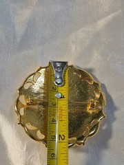 Vintage Lady Remington Round Brooch Gold Tone With Faux Red Gem