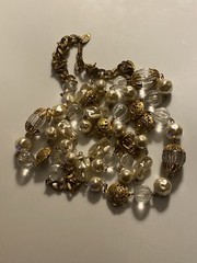 Vtg Miriam Haskell Signed Faux Pearl Lucite Ornate Russian Gold Beaded Necklace