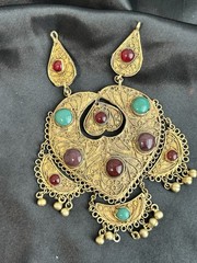 Vintage Brass Persian Kashmir Gemstone Necklace Hammered Bib Statement No Chain