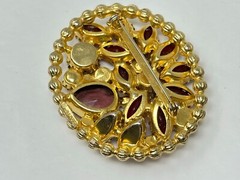 Vintage EDLEE Creations Goldtone Red Magenta Purple Rhinestone Oval 2.25″ Brooch