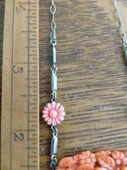 Antique coral colored Rose molded glass & Rhodium Plated Deco Necklace Pendant