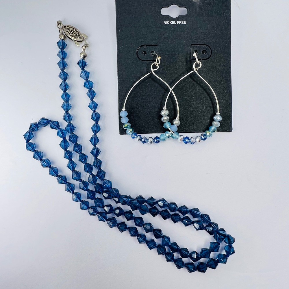 Vintage Faceted Blue Glass Bead Necklace and Handmade Earring Set Boho Hippie