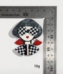 Resin Lady Brooch Black White Checkered Red Dangle Earrings Pin Vintage Style