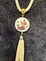 Vintage Double Sided Cloisonné Pendant On Braided Cord Tassel 19 Inch Length