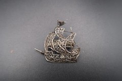 Vtg Brooch Pin Silver 800 Filigree Galleon Masted Ship Brooch Exquisite Detail