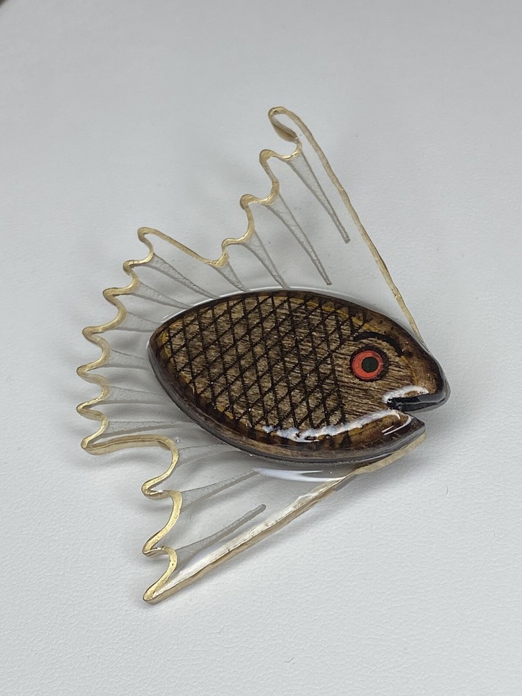 Vintage Retro 1940s 1950’s Wood Clear Lucite Early Plastic Fish Brooch