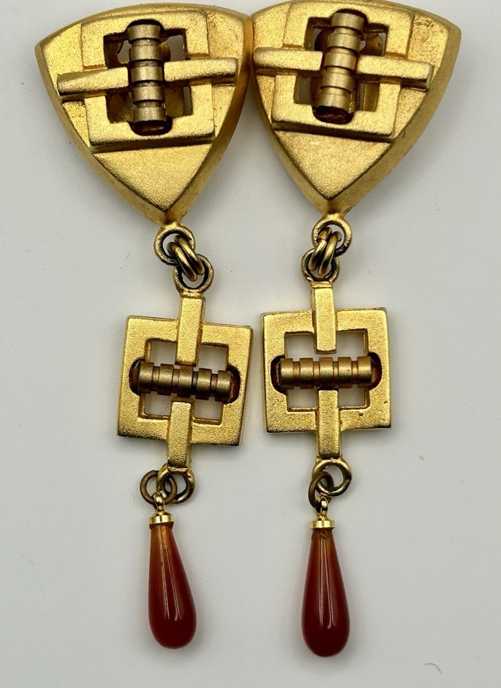 Vintage Gold Tone Carnelian Drop Dangle Earrings Shield Geometric Matte Art Deco