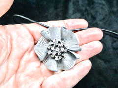 Vintage-Black Cord w/Pewter Rhinestone Flower Slide & Brooch