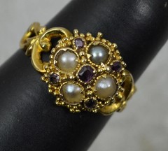 Victorian 18ct 18k Gold Almandine Garnet Pearl Cluster Ring Sz 5.5 Hallmark 1867