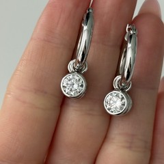 Milor Italy 925 Sterling Silver Clear CZ Bezel Set Dangle Hoop Earrings Sparkly