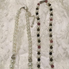 Vintage Faux Pearl Bead Necklaces 2 Rhinestones Silver color Pink Beads