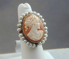 Vintage Sterling Hand Carved Baroque Pearl Cameo Ring Shell Signed Italy 5.25