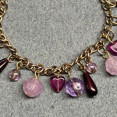 Vintage Charm Bracelet 7 In Purple Beads Heart Silver Chain Valentine Love Retro