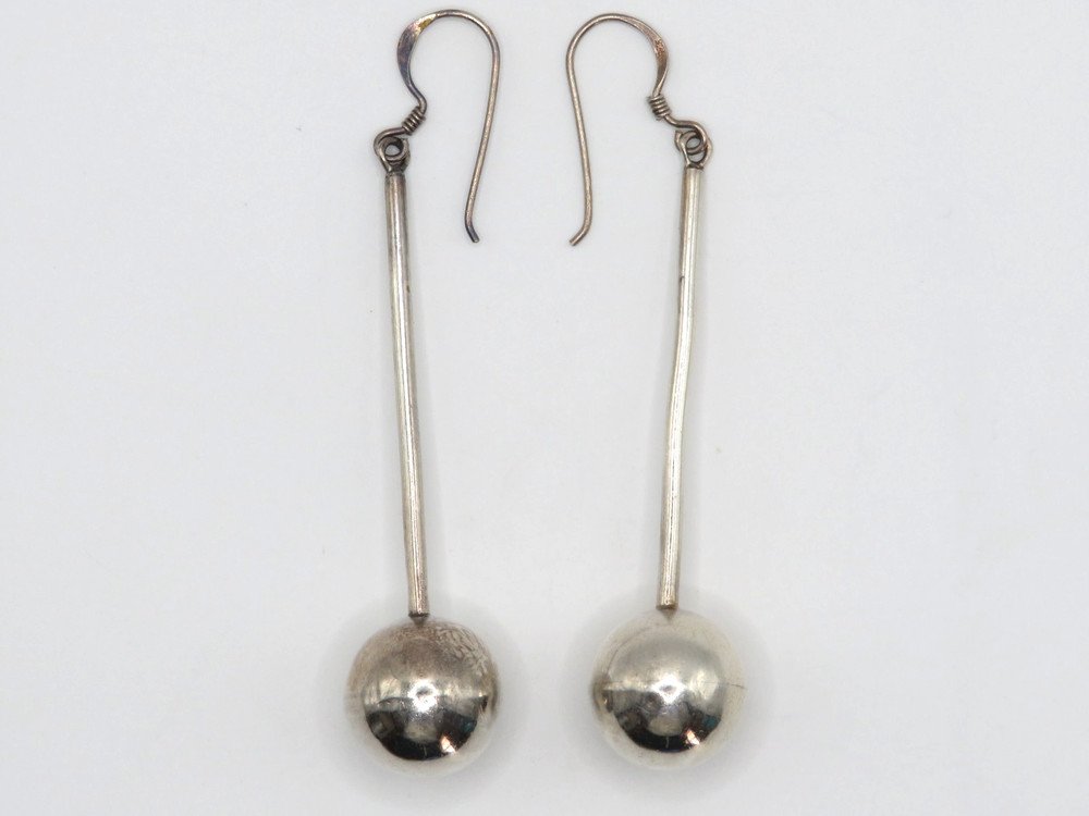VINTAGE STERLING SILVER BALL DROP DANGLE EARRINGS LONG MODERNIST