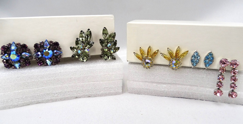 Lot of 5 pr Vintage Rhinestone Earrings, 4 Clip-on, 1 Screw-back Various Colors