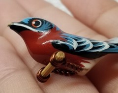 Handmade Bird Brooch Pin Lot of 4 – Takahashi? Wood Leather Cardinal Feather Vtg