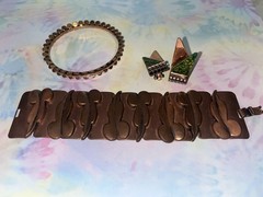 Vintage 1960s Renoir Copper Jewelry Bracelet Bangle Green Clip On Earrings