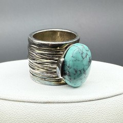 Vtg Silver Tone Faux Turquoise Wide Cigar Band Statement Cocktail Ring Size 5.5