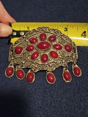 Vintage Central Asian Ethnic Hair Stick Pin Brooch Handcrafted Metal Red Glass