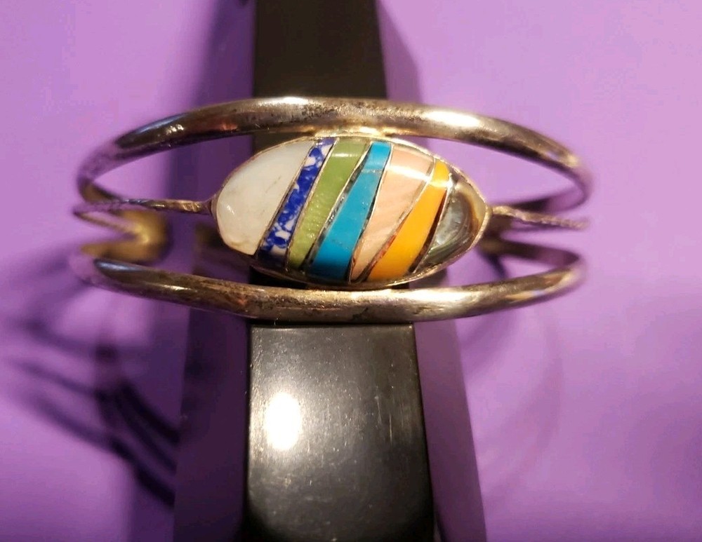 Multicolor Stone Inlay Silver Bracelet Cuff 1970’s 1980s Vintage READ