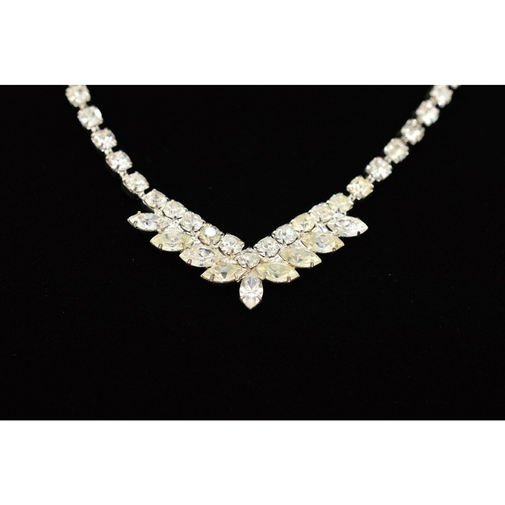 Vintage 19″ Crystal Collar Necklace Silver Rhinestone Marquise Prong NOS 80s 9A