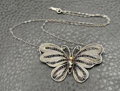 Sterling Silver Filigree Butterfly Pendant Necklace w/ Aurora Borealis