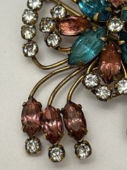 Quill 12K GF Gold-Filled Pink & Blue Floral Rhinestone Brooch Pin Vintage 1950s