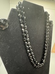Vintage Jet Black Faceted Bead Double Strand Necklace Earring Brooch Jewelry Set