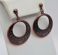 Vintage Sunbell Circle Copper Color Metal Dangle Drop Hoop Earrings Southwest