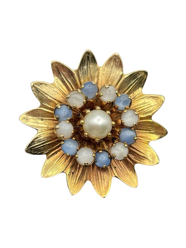 Gold tone blue rhinestone faux pearl flower brooch pin vintage