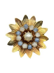 Gold tone blue rhinestone faux pearl flower brooch pin vintage