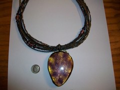 Vintage Chicos Multi-Strand Beaded Necklace W/Large Amber Colored Glass Pendant