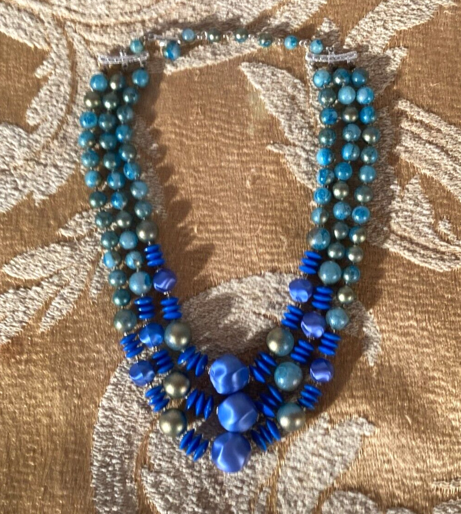 Vintage 60s Blue Necklace 1960s Three Strand Retro Chic Mid Century Mad Men Mod