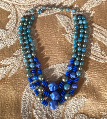 Vintage 60s Blue Necklace 1960s Three Strand Retro Chic Mid Century Mad Men Mod