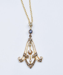 RARE! Antique Edwardian 10KT Gold *WHITE SAPPHIRE *BLUE TOPAZ *PEARLS* Pendant!