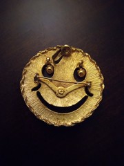 Vintage Goldtone Brooch Smiley Happy Face Rhinestone Dangle Eyes Pin or Pendant